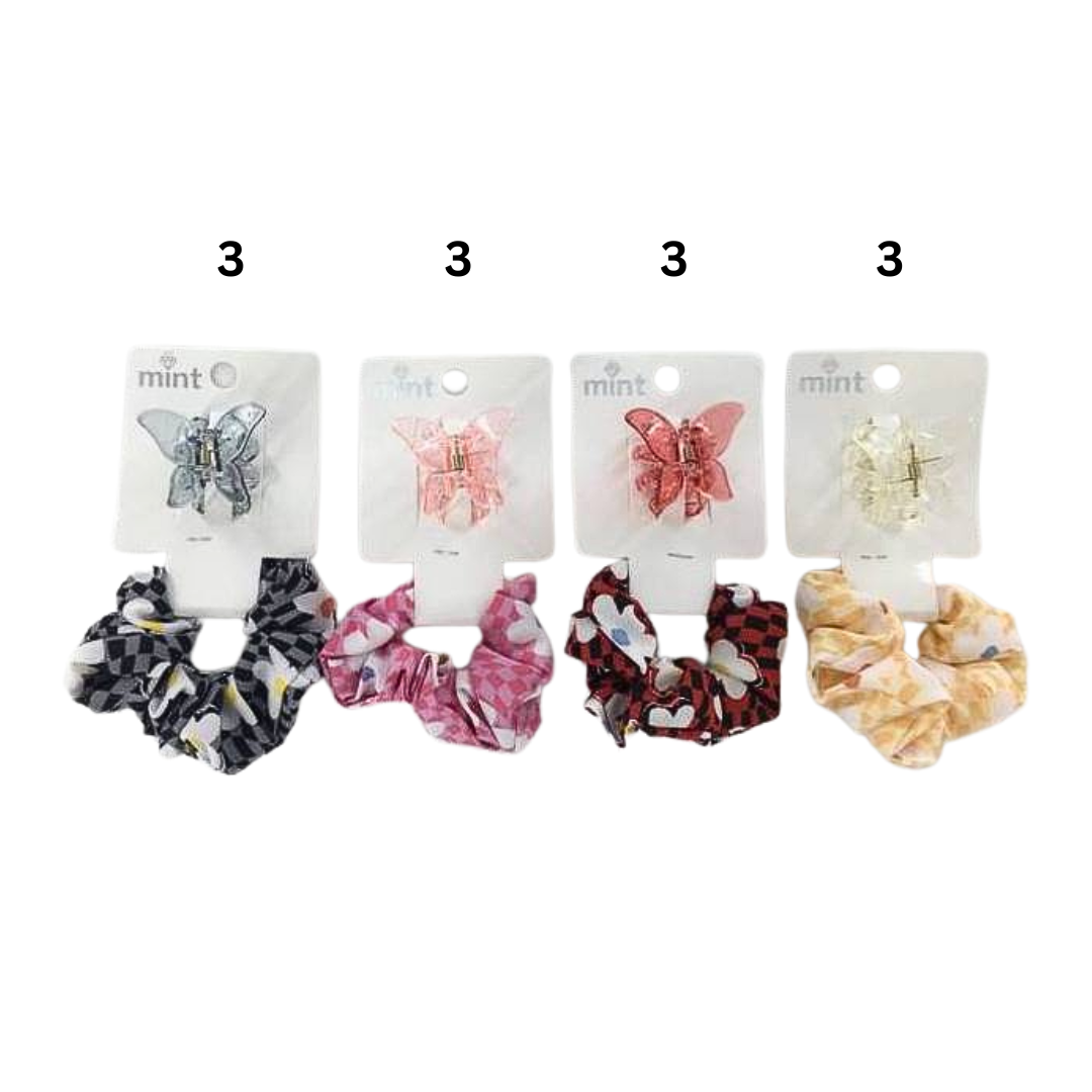 Butterfly Clip & Flower Checkerboard Hair Tie Set