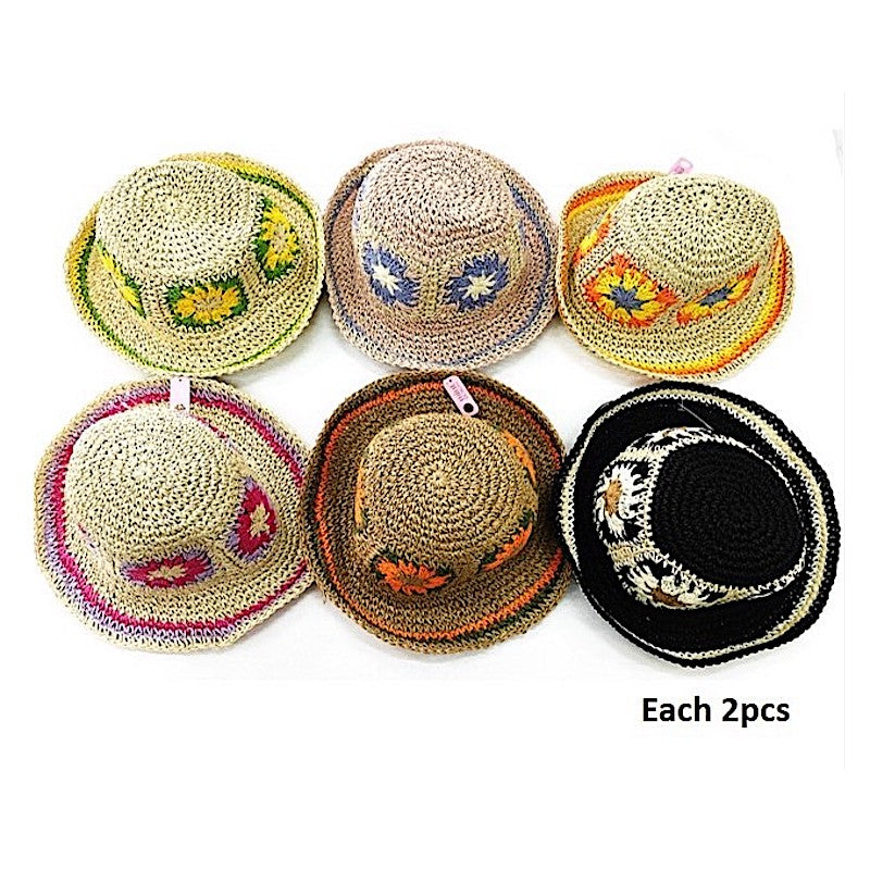 Stitched Flower Straw Bucket Hat