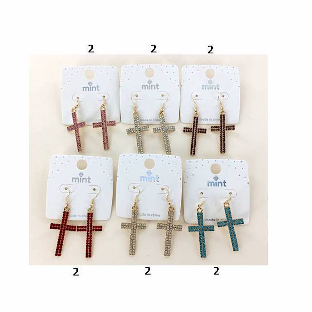 Set of cross-shaped earrings on 'mint' branded cards.