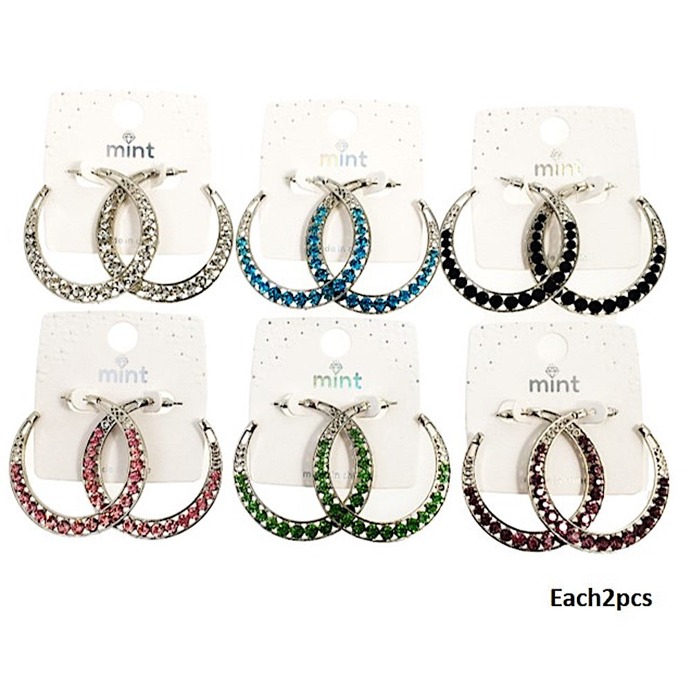 Silver Tone Rhinestone Crescent Hoops