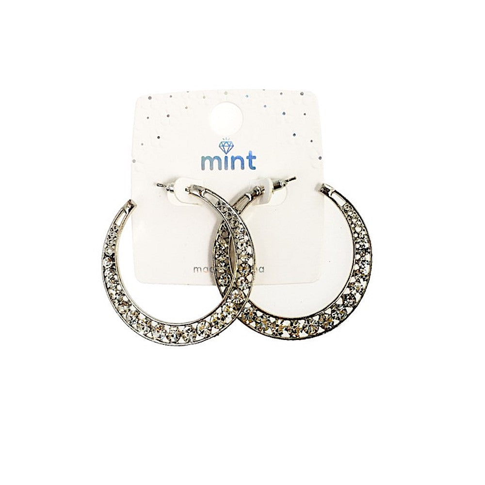 Silver Tone Rhinestone Crescent Hoops