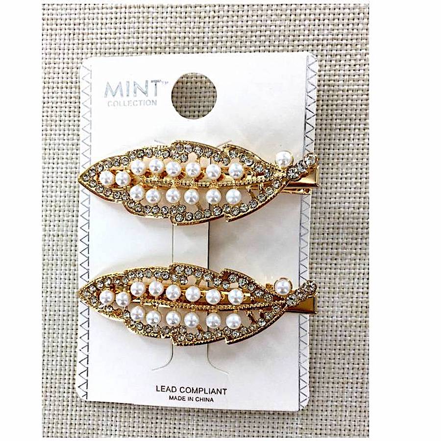 Rhinestone & Pearl Leaf Hair Clip Set
