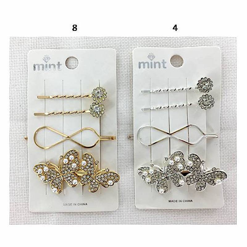 Rhinestone & Pearl Butterfly Hair Clip Set
