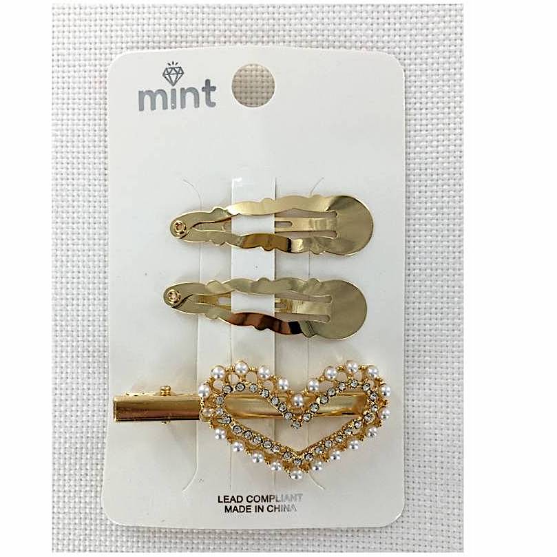 Rhinestone & Pearl Heart Hair Clip Set