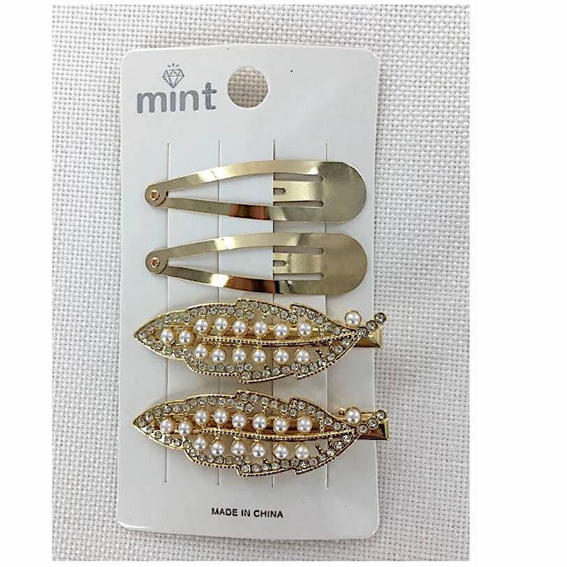 Rhinestone & Pearl Leaf Hair Clip Set