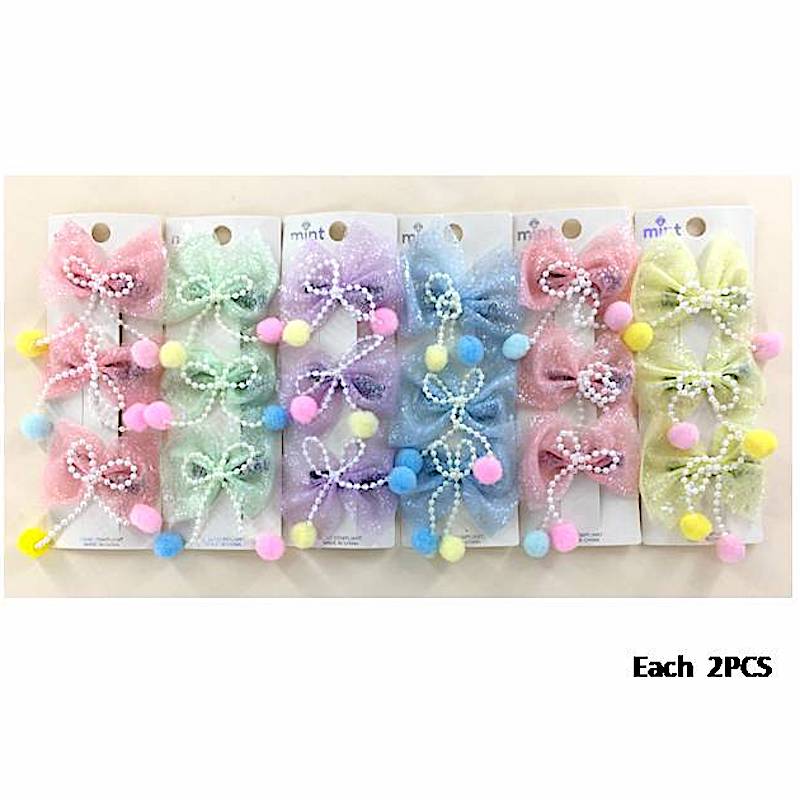 Pom Pom Bow Clip Set