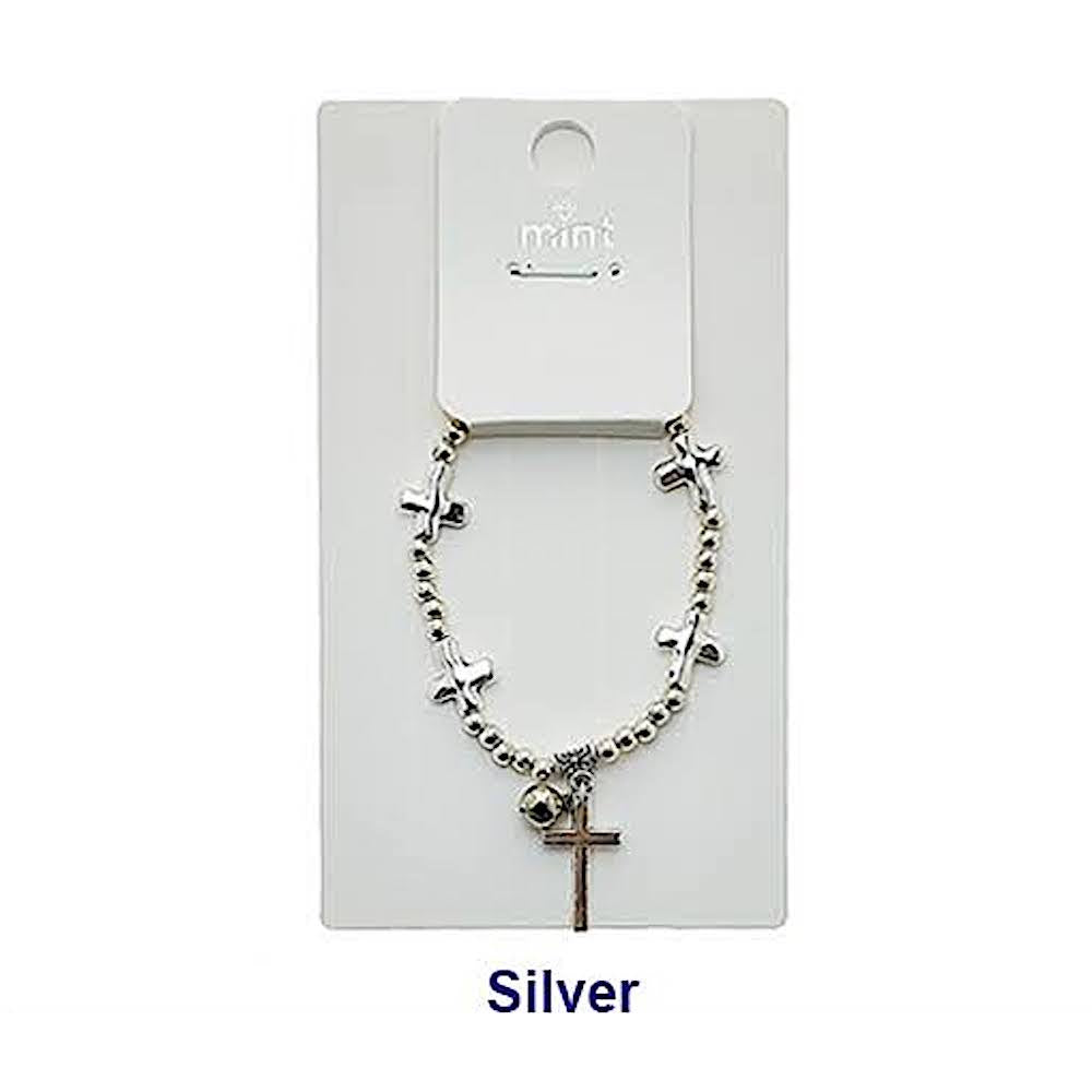 Silver Cross Charm Bead Bracelet