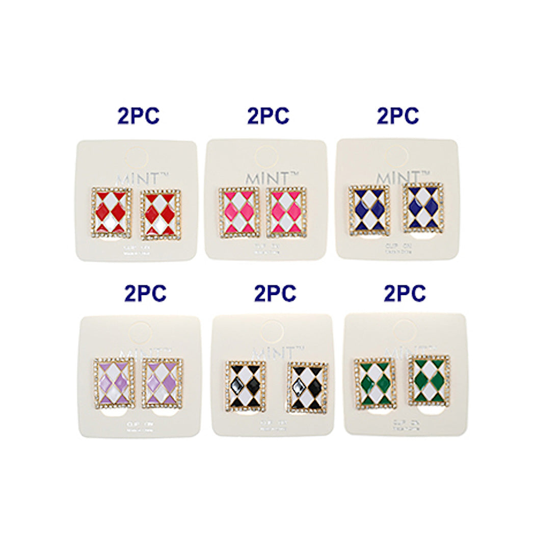 Clip On Enamel Checkerboard Earring