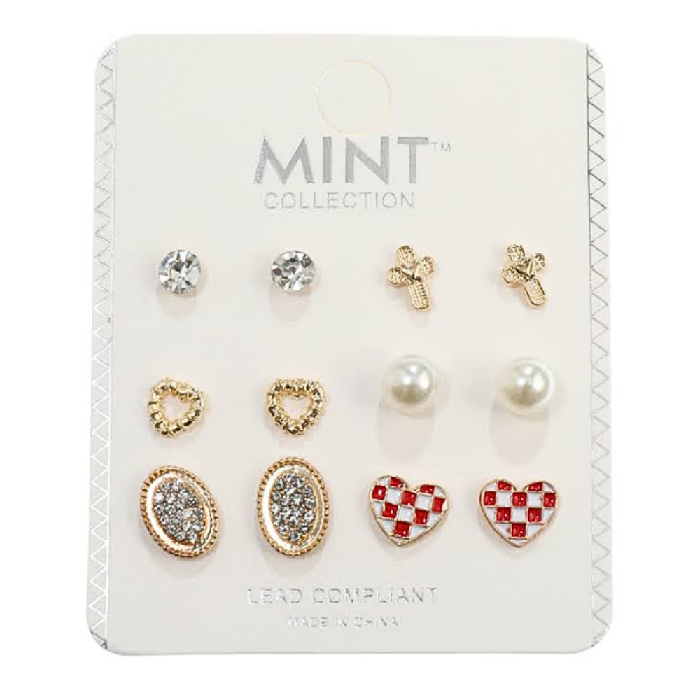 JAE43276 - 6 Pair Checkerboard Heart Earring Set