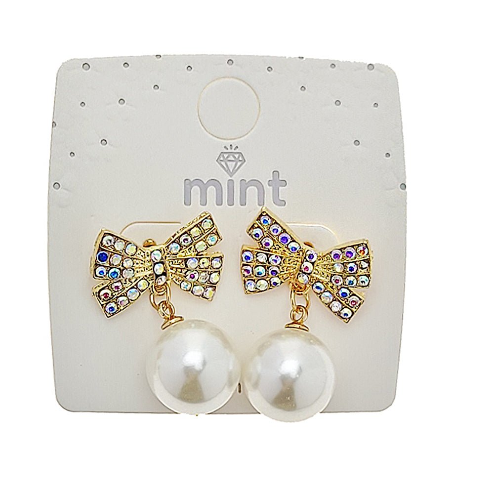 JAE48301 - Pavé Bow Pearl Drop Earrings