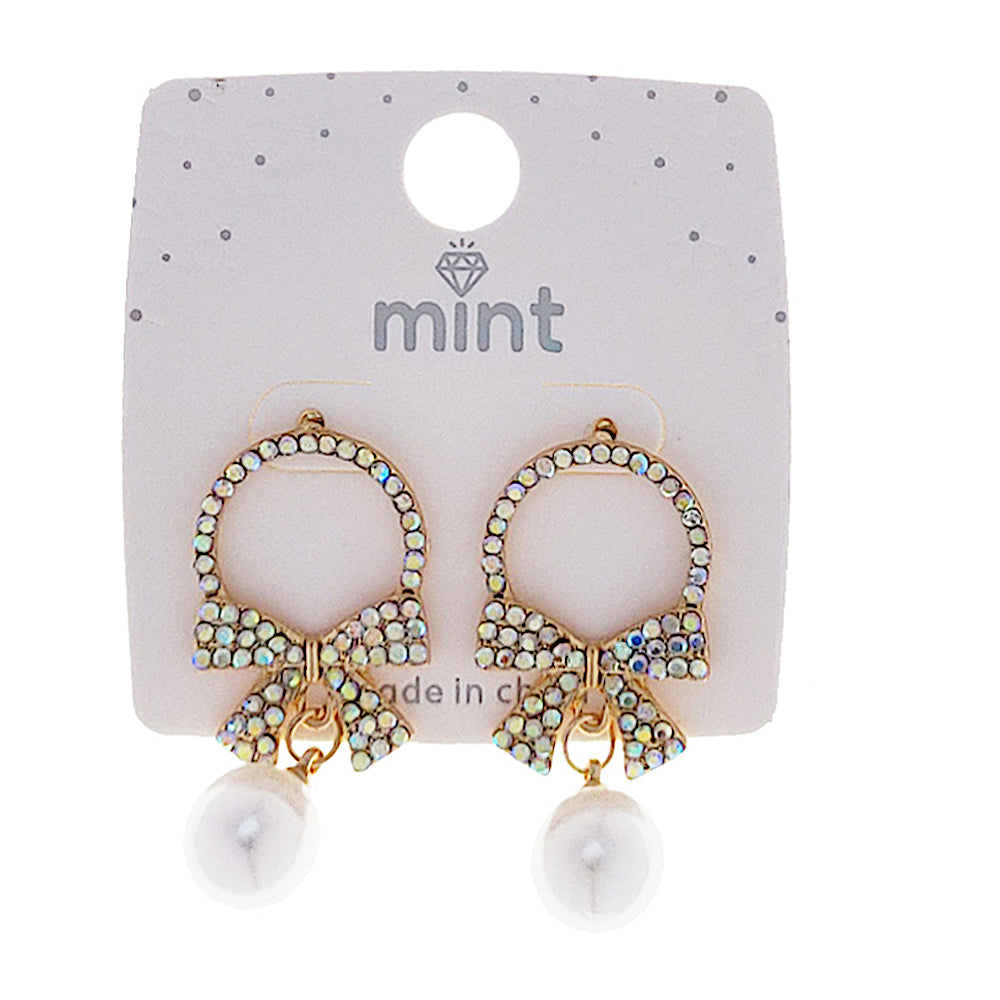 JAE48678 - Pavé Bow Pearl Drop Earrings