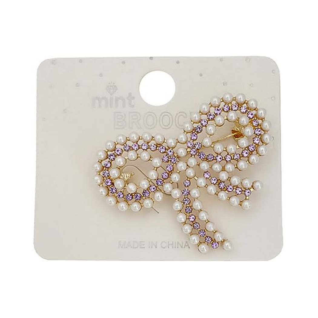 Rhinestone & Pearl Bow Brooch