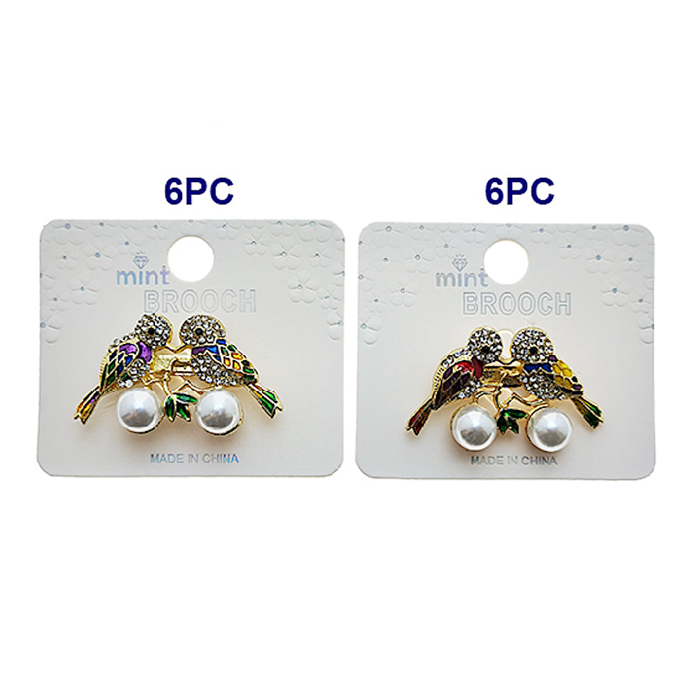 Rhinestone Lovebirds Pearl Brooch