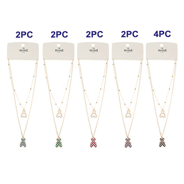 Enamel Checkered Teddy Bear Layered Necklace