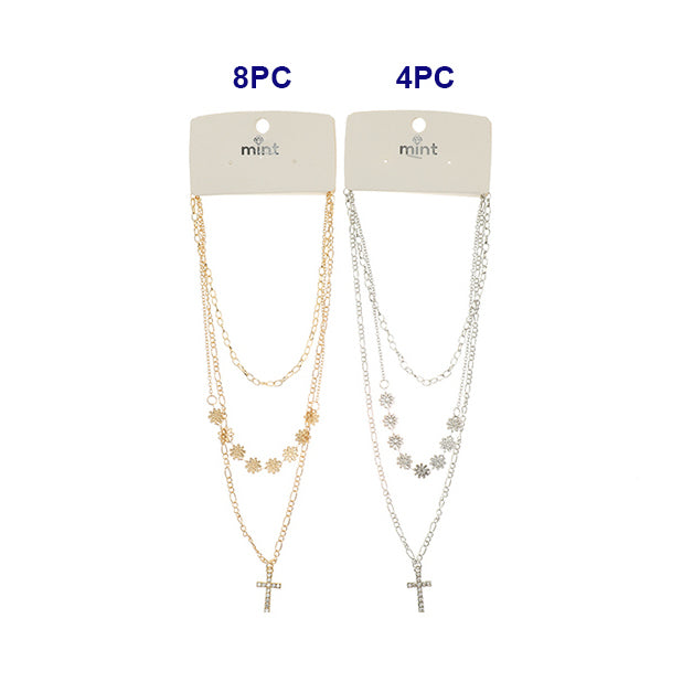 Rhinestone Cross & Daisy Layered Chain Necklace