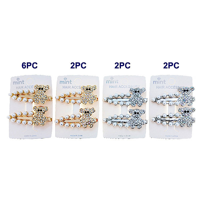 Rhinestone & Pearl Teddy Bear Hair Clips