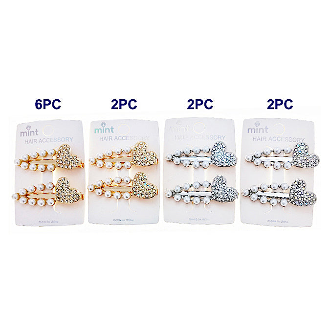 Rhinestone & Pearl Heart Hair Clips