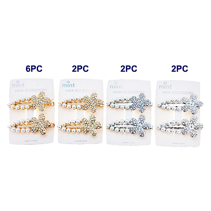 Rhinestone & Pearl Flower Hair Clips