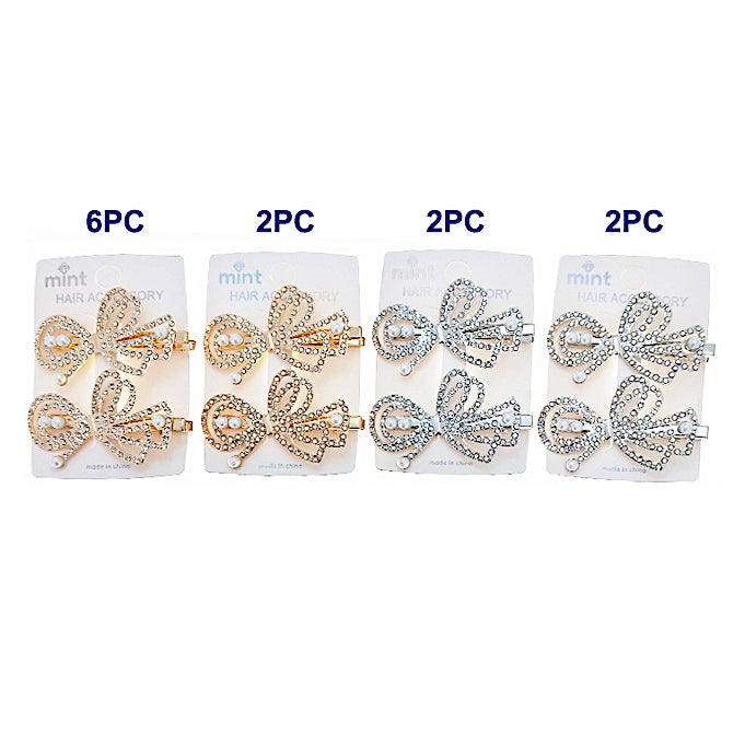 Rhinestone & Pearl Bow Hair Clips