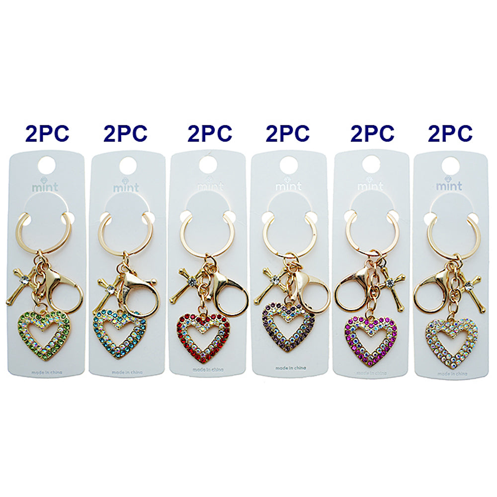 Rhinestone Heart Cross Charm Keychain