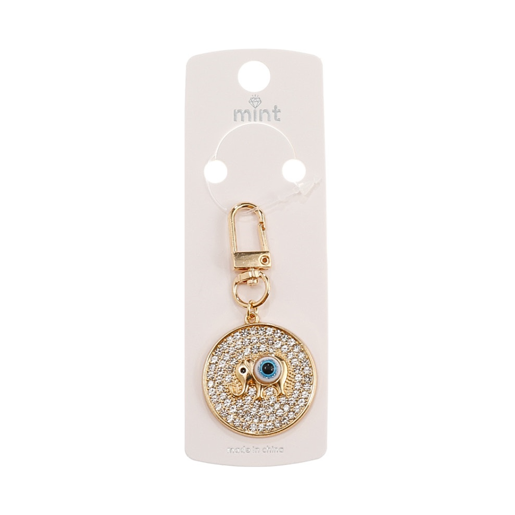 JK44359-Rhinestone Circle Elephant Evil Eye Keychain