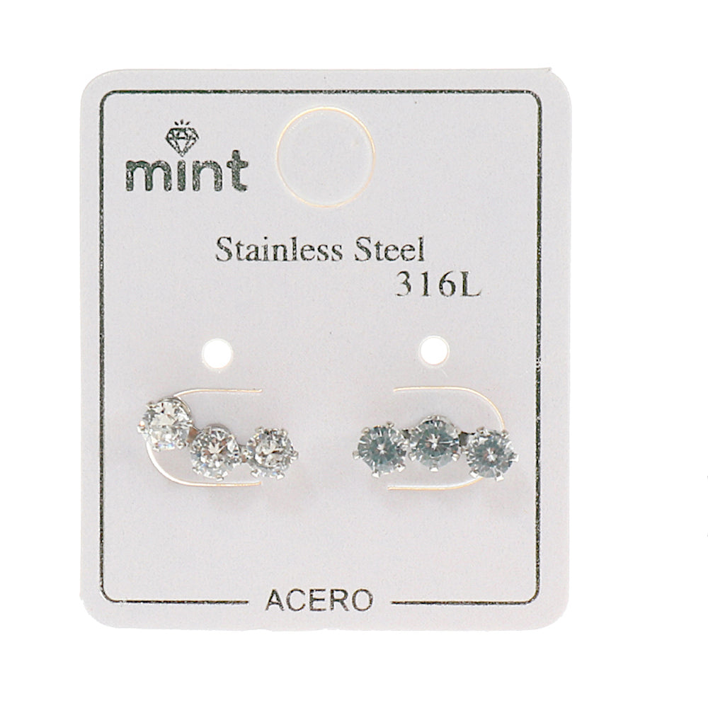 Three Cubic Zirconia Diamond Stainless Steel Stud Earring
