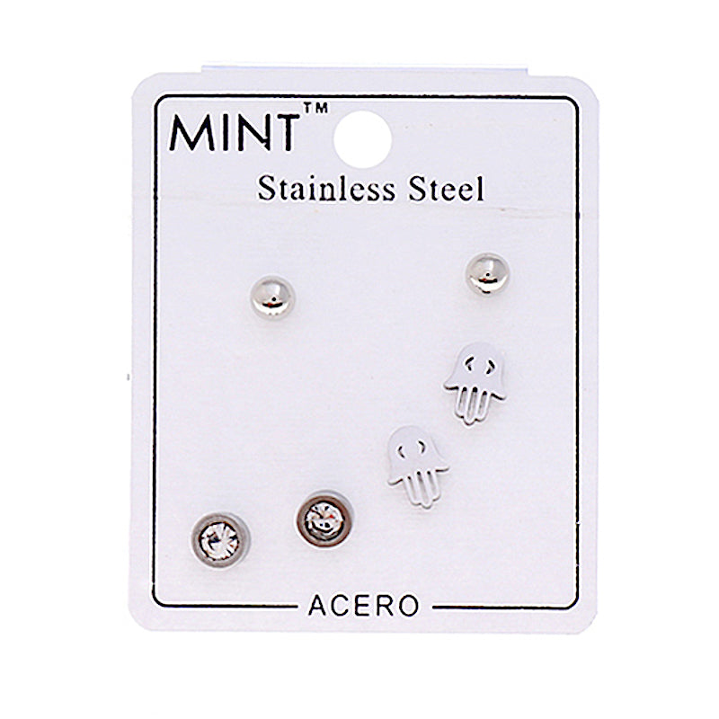 Silver Stainless Steel Hamsa Hand 3 Pair Stud Earring Set