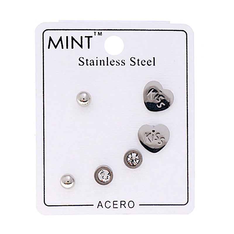 TE947S - Stainless Steel Heart Kiss 3 Pair Stud Earring Set