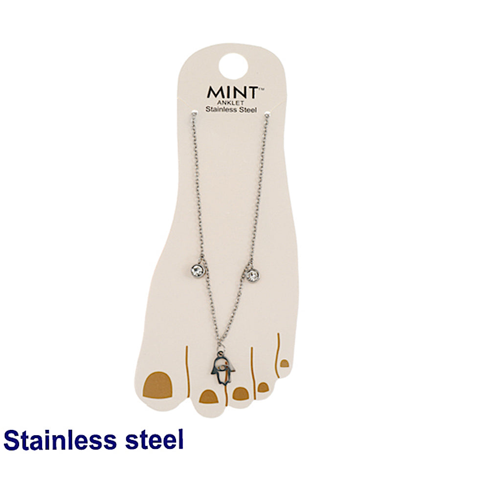 Filigree Hamsa Hand & Crystal Drop Stainless Steel Anklet