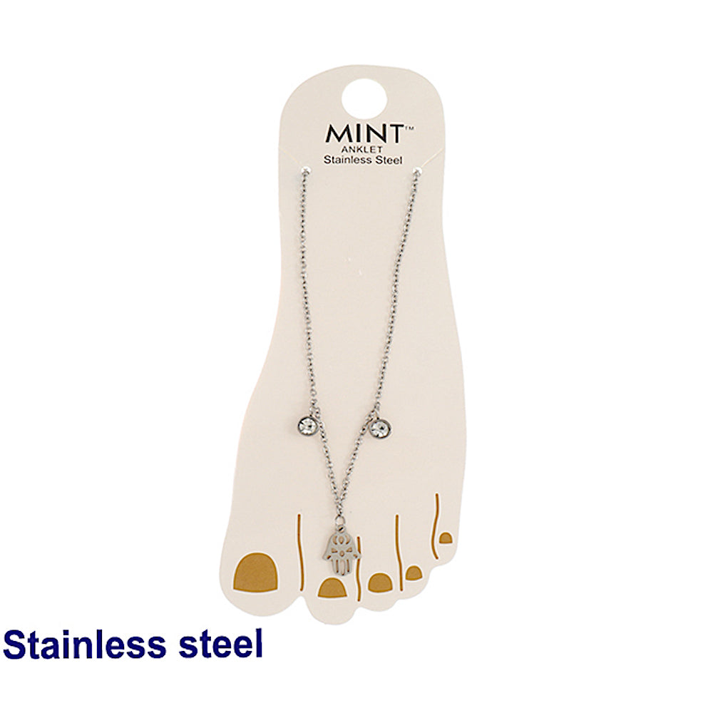 Filigree Hamsa Hand & Crystal Drop Stainless Steel Anklet