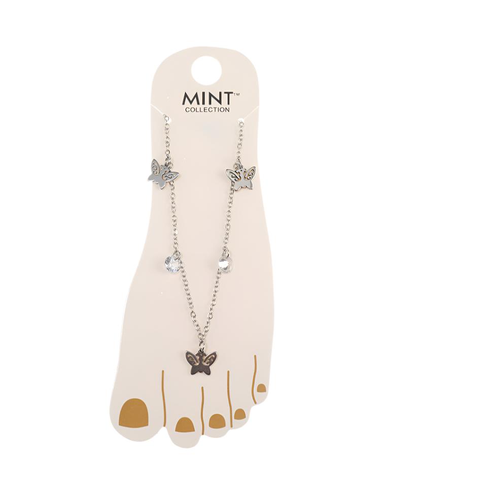 Filigree Butterfly & Crystal Drop Stainless Steel Anklet