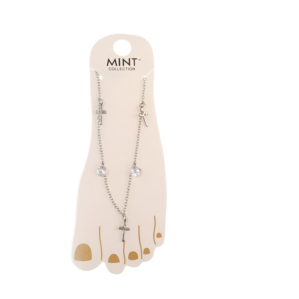 Filigree Cross & Crystal Drop Stainless Steel Anklet