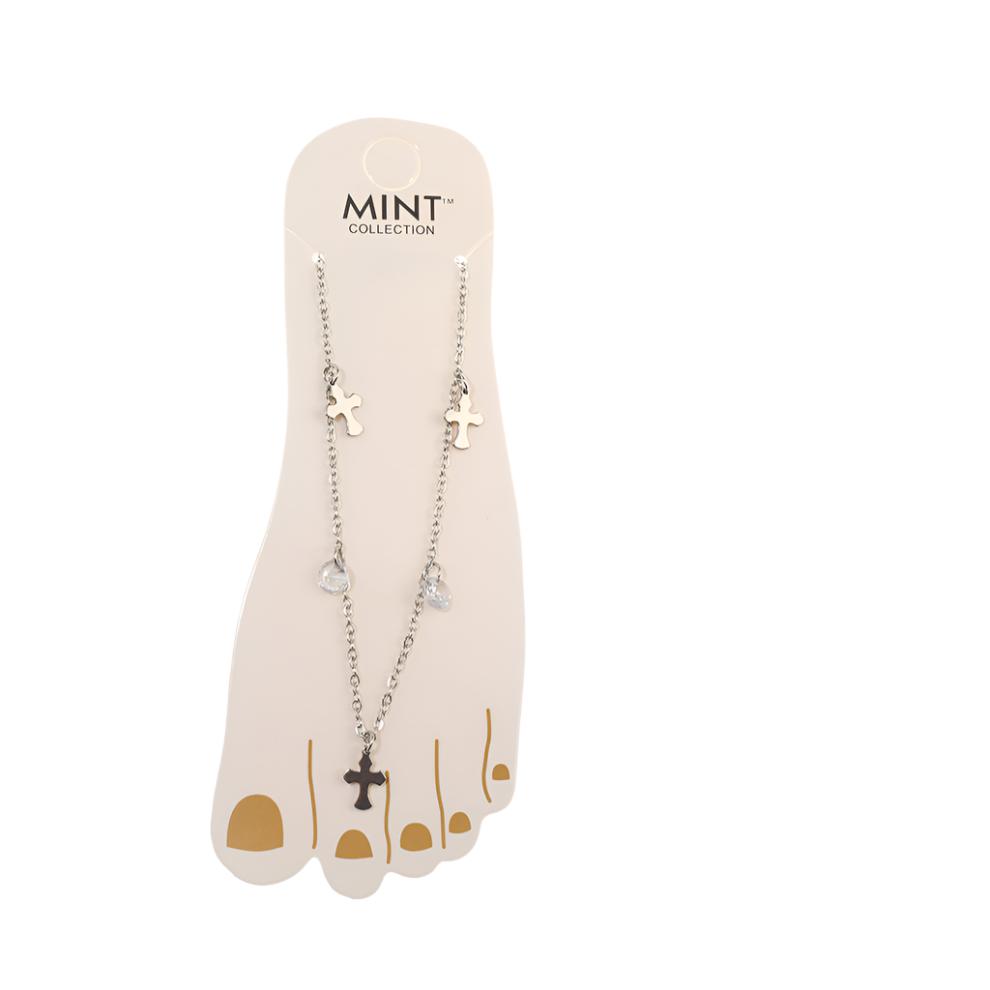 Vintage Cross & Crystal Drop Stainless Steel Anklet