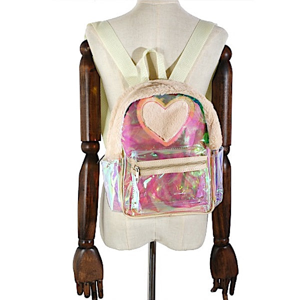 Mini Faux Fur Heart Holographic Backpack