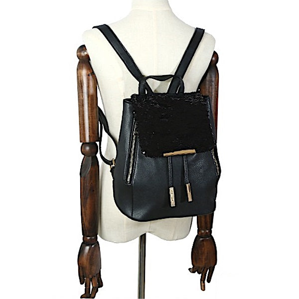 Sequin Flap Leather Backpack