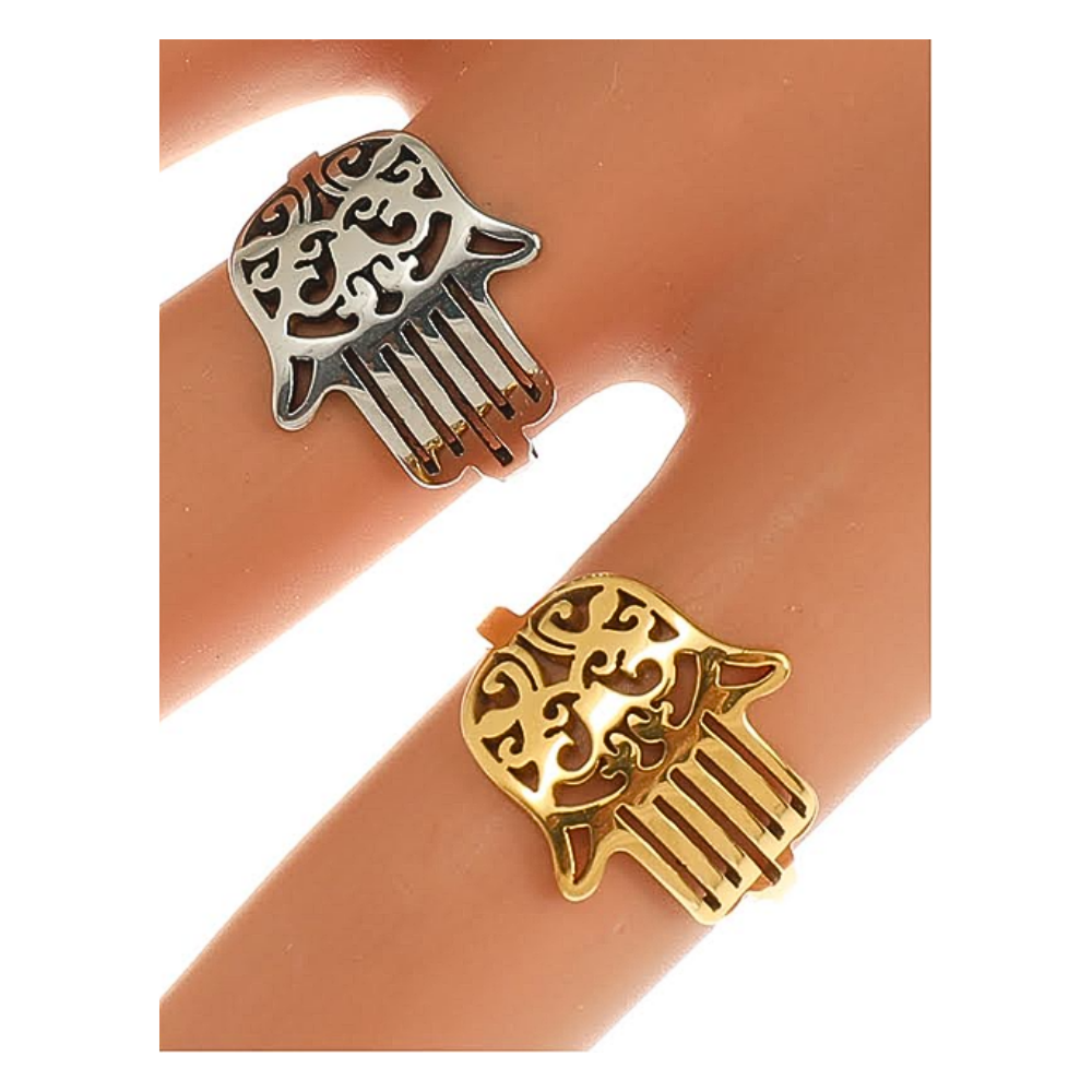 TR1793 - Stainless Steel Filigree Hamsa Ring
