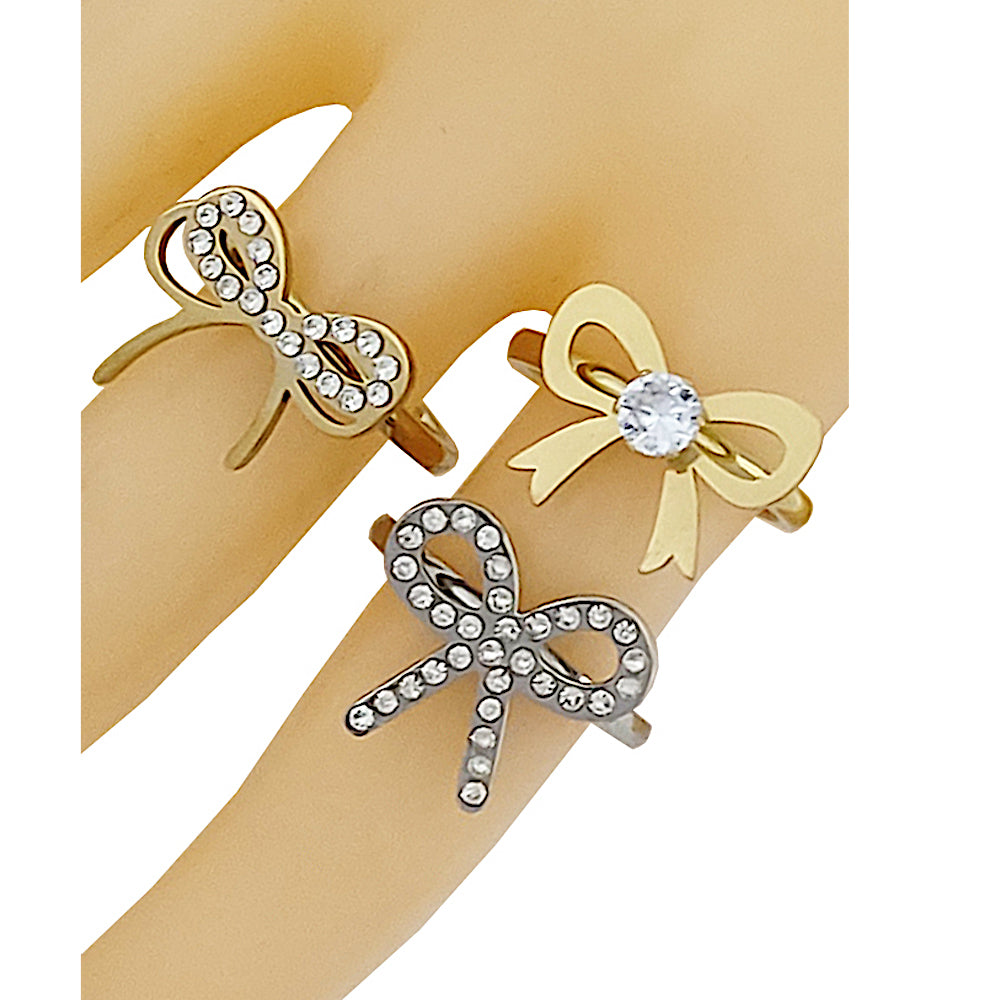 Stainless Steel Rhinestone Bow Ring