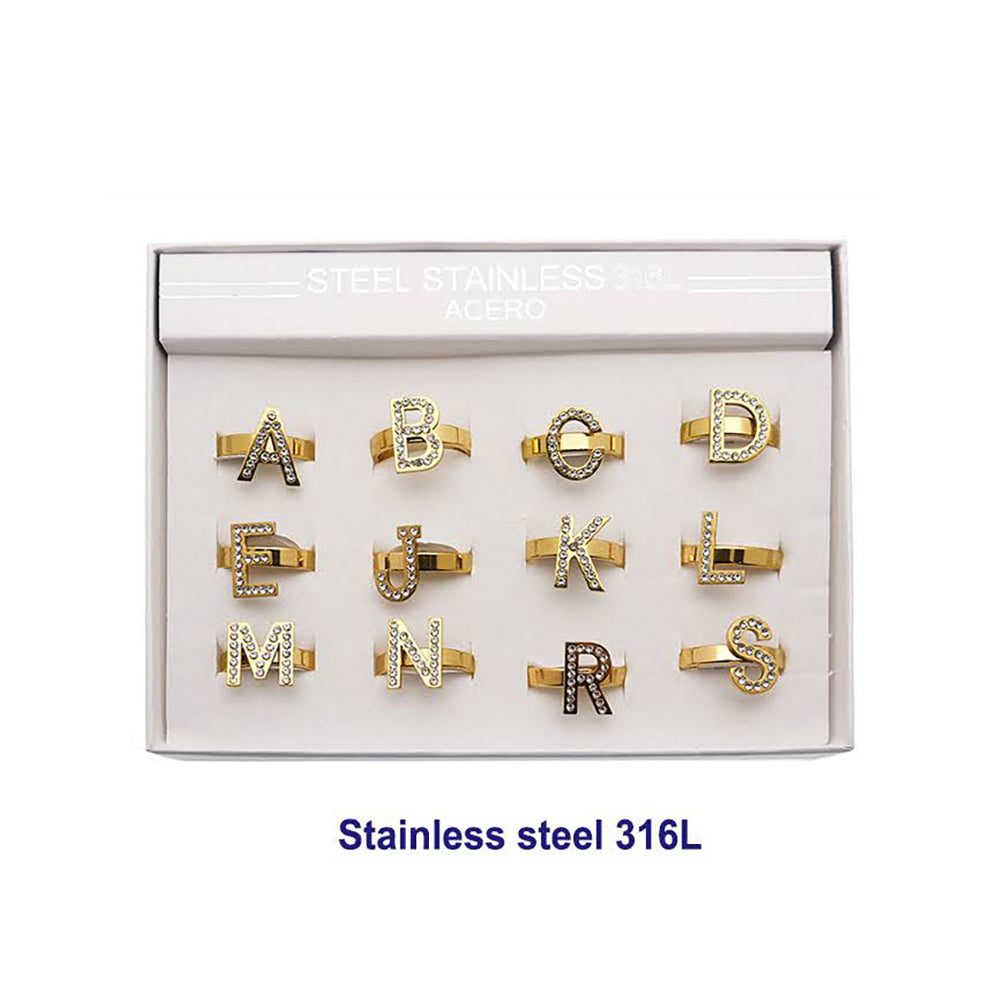 Gold Stainless Steel Rhinestone Alphabet Ring