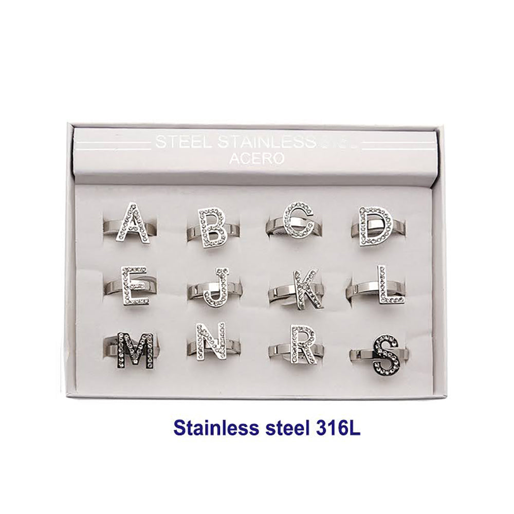 Silver Stainless Steel Rhinestone Alphabet Ring