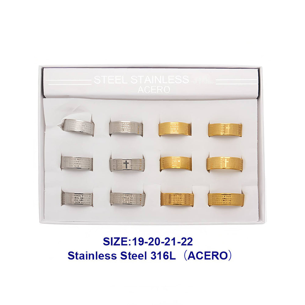 Stainless Steel Cross Imprint Padre Nuestro Band Ring
