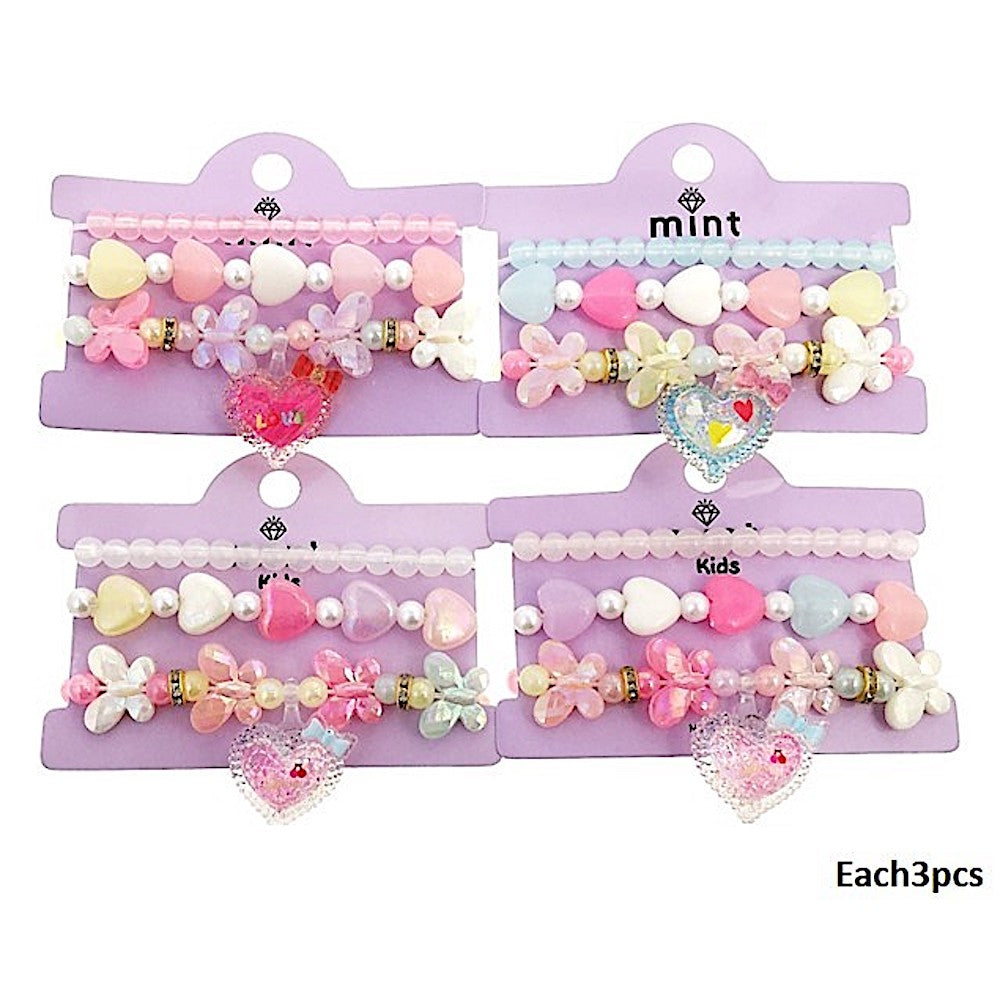 Glitter Heart Charm Bead Stretch Bracelet Set