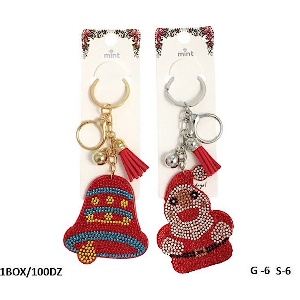 Rhinestone Christmas Bell & Santa Keychain