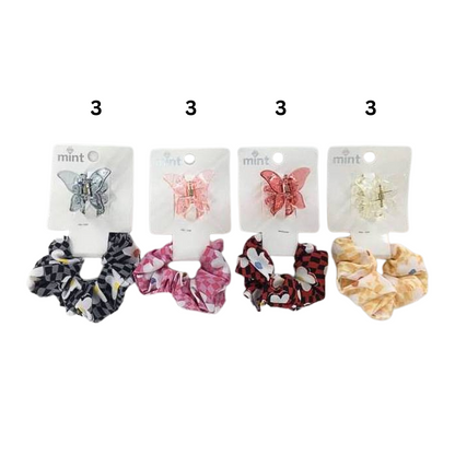 GYH11732 - Butterfly Clip & Flower Checkerboard Hair Tie Set