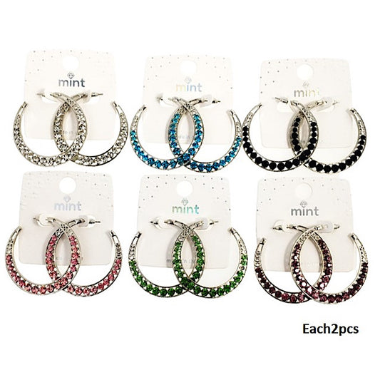 Silver Tone Rhinestone Crescent Hoops