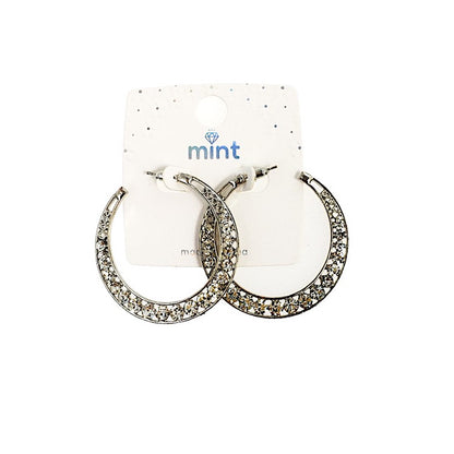 Silver Tone Rhinestone Crescent Hoops