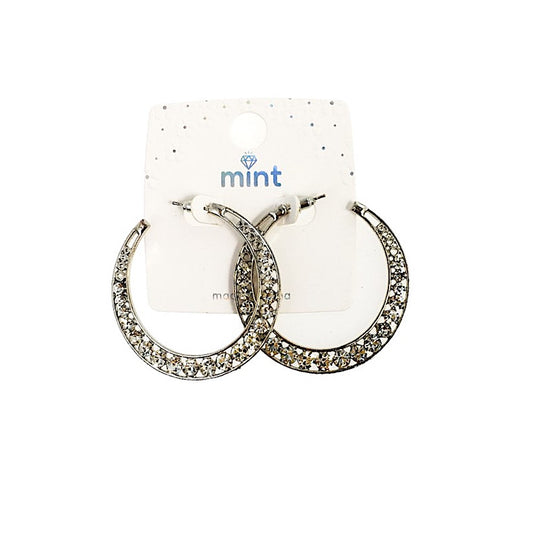 Silver Tone Rhinestone Crescent Hoops