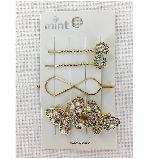 GYH11529 - Rhinestone & Pearl Butterfly Hair Clip Set