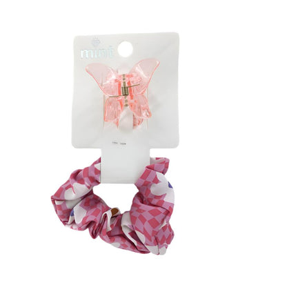 GYH11732 - Butterfly Clip & Flower Checkerboard Hair Tie Set