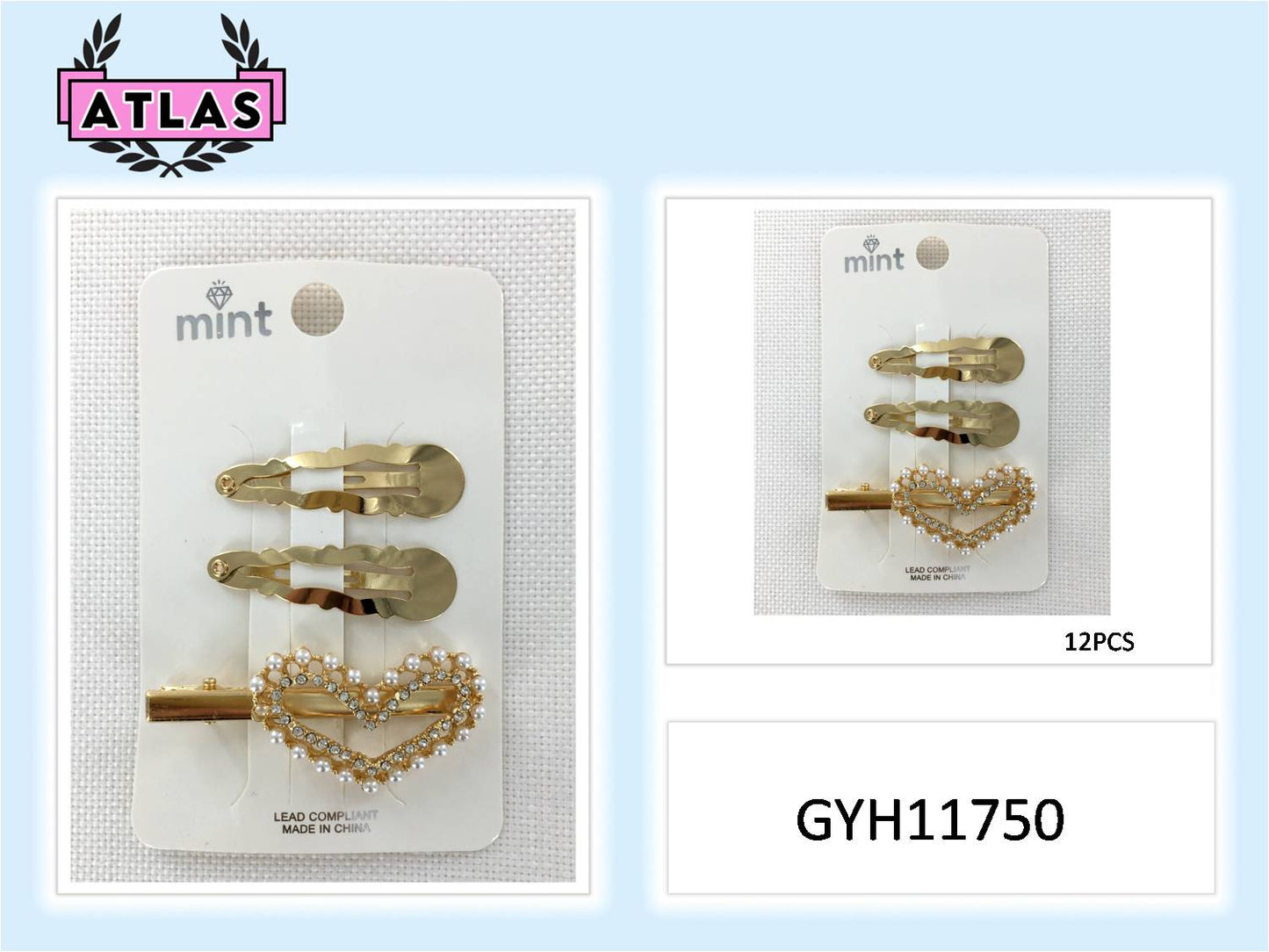 GYH11750 - Rhinestone & Pearl Heart Hair Clip Set