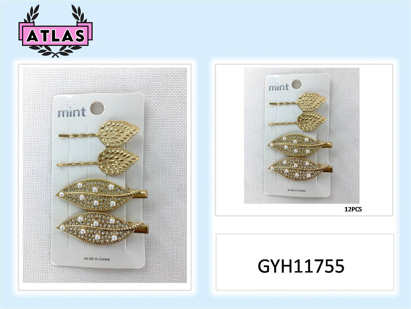 GYH11755 - Rhinestone & Pearl Leaf Hair Clip Set